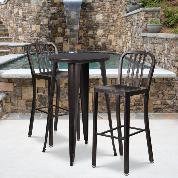 Commercial 24" Round Metal Indoor-Outdoor Bar Table Set & 2 Slat Back Stools