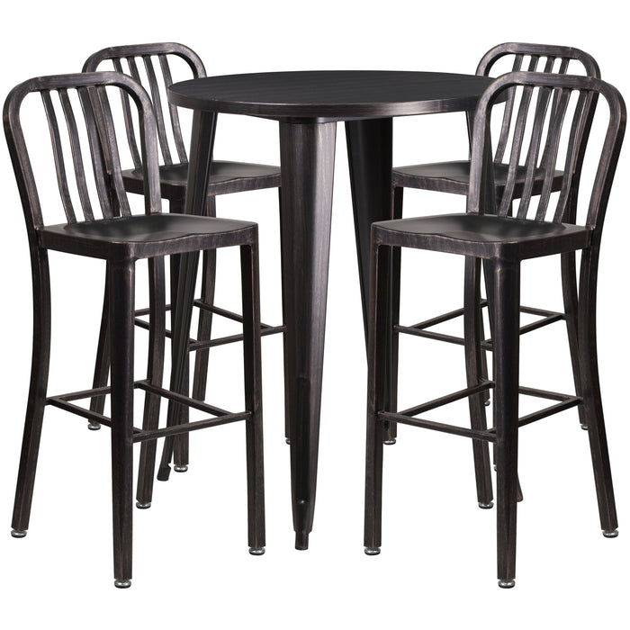 Commercial 30" Round Metal Indoor-Outdoor Bar Table Set & 4 Slat Back Stools