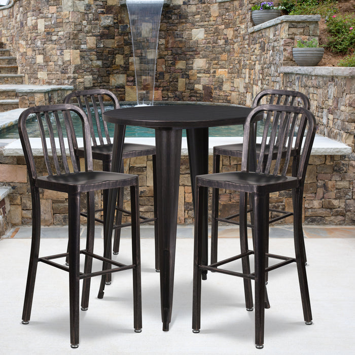 Commercial 30" Round Metal Indoor-Outdoor Bar Table Set & 4 Slat Back Stools