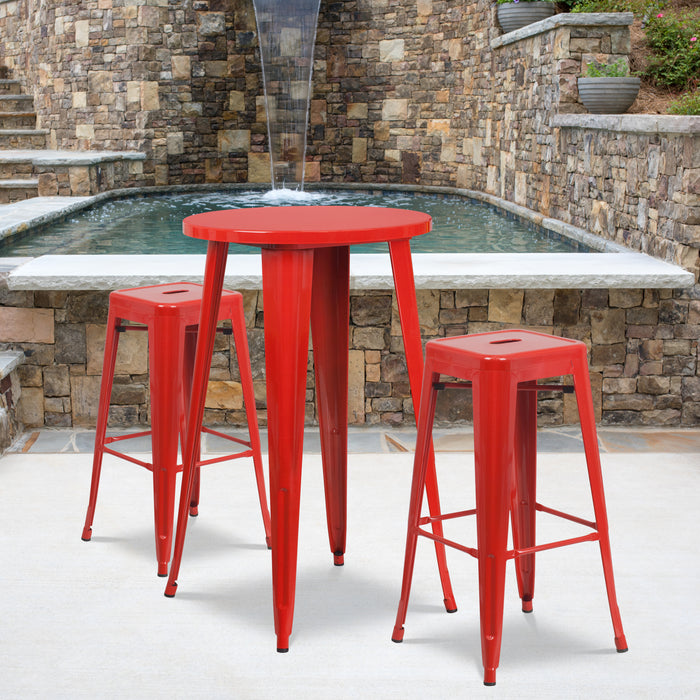 Commercial Grade 24" Round Metal Indoor-Outdoor Bar Table Set, 2 Backless Stools