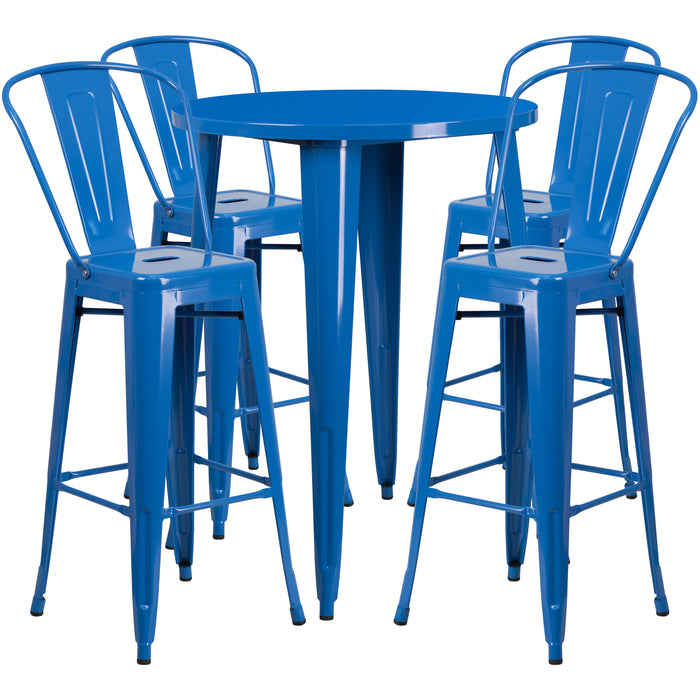 Commercial Grade 30" Round Metal Indoor-Outdoor Bar Table Set with 4 Cafe Stools