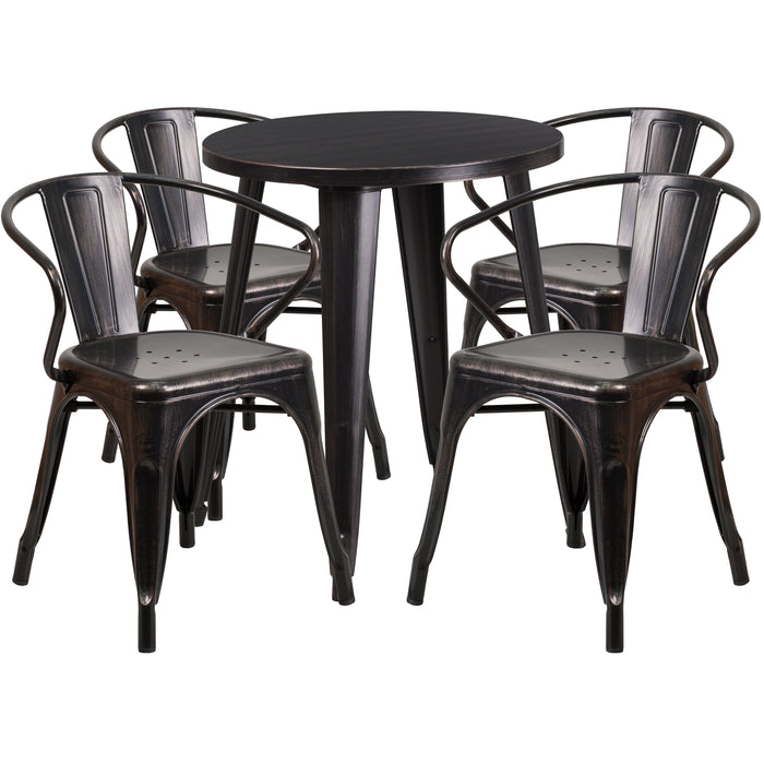 Commercial Grade 24" Round Metal Indoor-Outdoor Table Set with 4 Arm Chairs