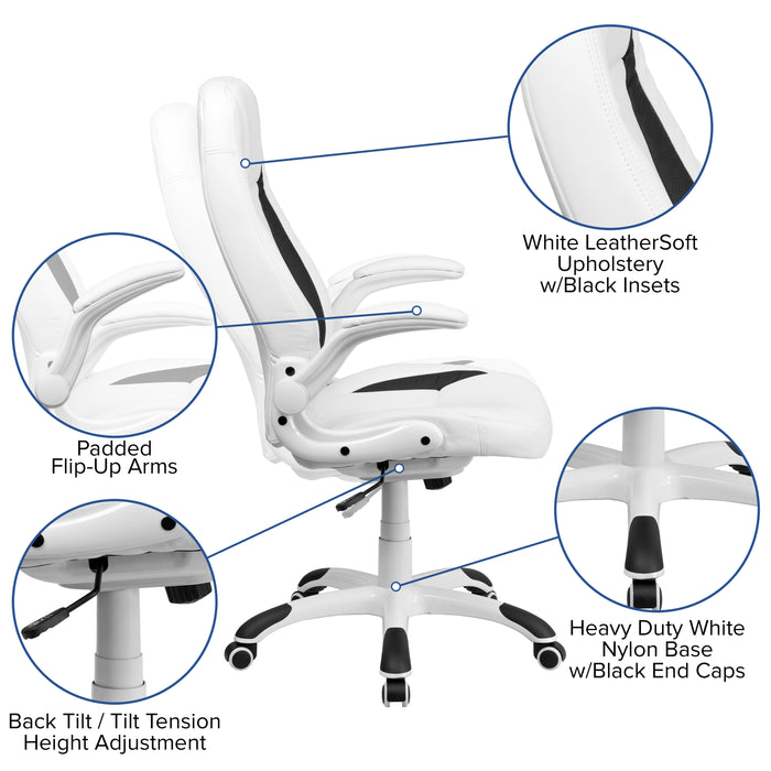 High Back Leather Executive Swivel Ergonomic Office Chair with Flip-Up Arms