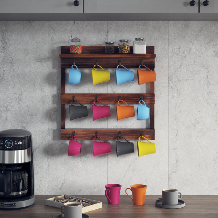 Emma + Oliver Maxwell Wall Mounted Mug Rack with 12 Coffee Cup Hangers and Built-in Shelf for Coffee, Sugar & More, Rustic Brown