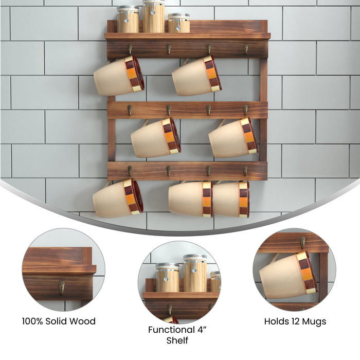 Maxwell Wall Mounted Mug Rack with 12 Coffee Cup Hangers and Built-In Shelf for Coffee, Sugar & More