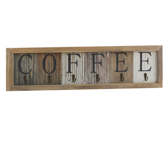 Johan Distressed Rustic Coffee Sign with 6 Sturdy Metal Hooks to Accommodate Most Mug Sizes