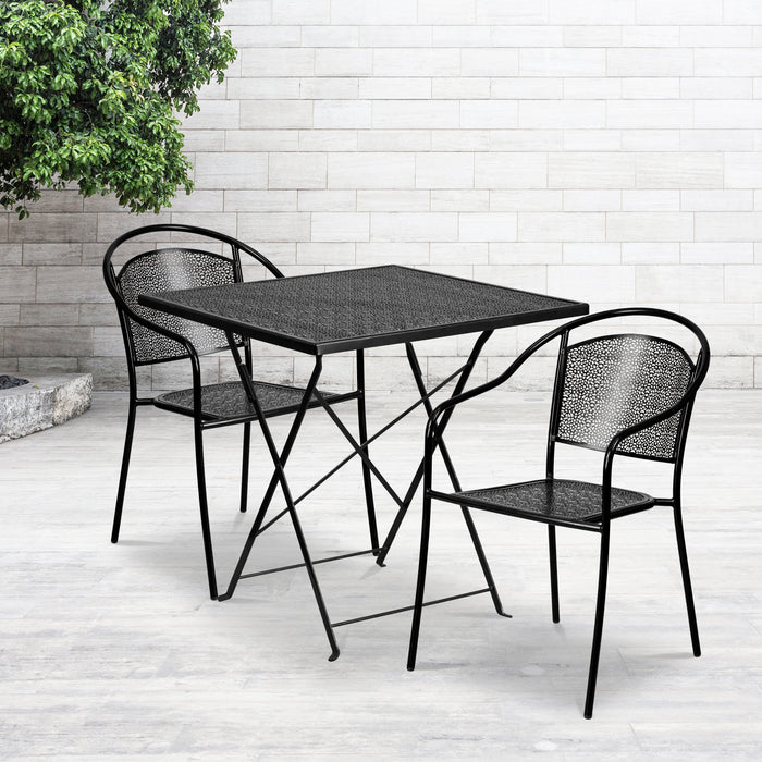 Commercial Grade 28" Square Metal Folding Patio Table Set w/ 2 Round Back Chairs