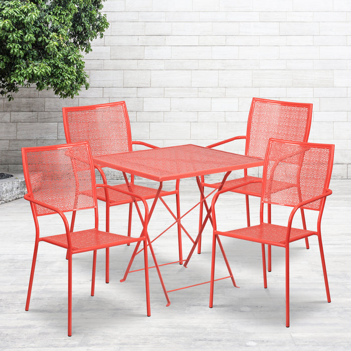 Commercial 28" Square Metal Folding Patio Table Set w/ 4 Square Back Chairs