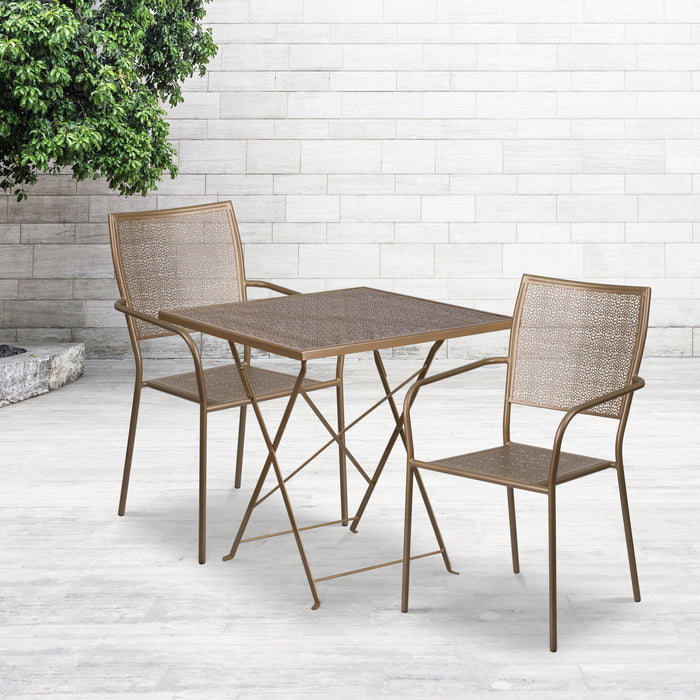 Commercial 28" Square Metal Folding Patio Table Set w/ 2 Square Back Chairs