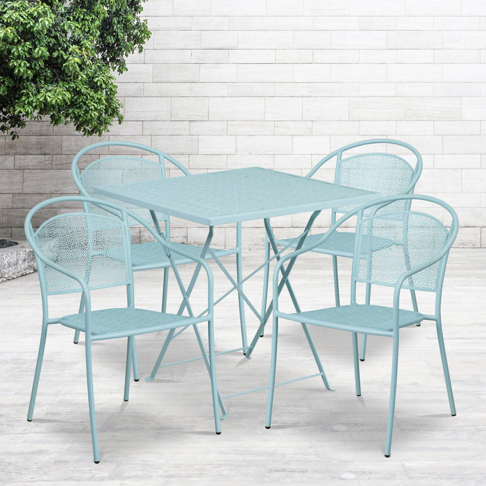 Commercial Grade 28" Square Metal Folding Patio Table Set w/ 4 Round Back Chairs