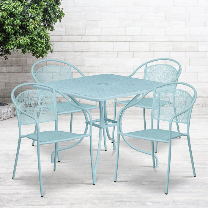 Commercial 35.5" Square Metal Garden Patio Table Set w/ 4 Round Back Chairs