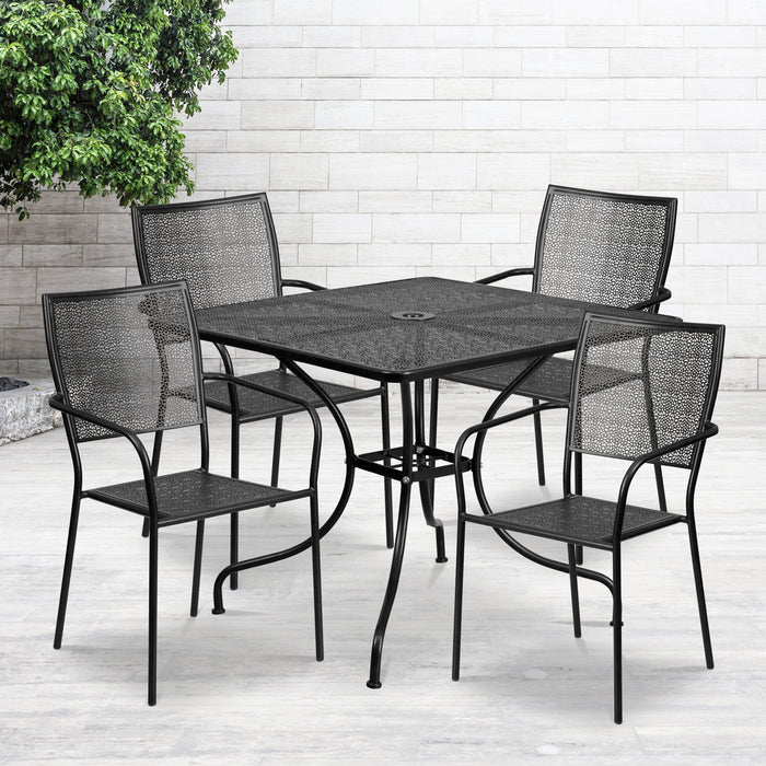 Commercial Grade 35.5" Square Metal Garden Patio Table Set, 4 Square Back Chairs