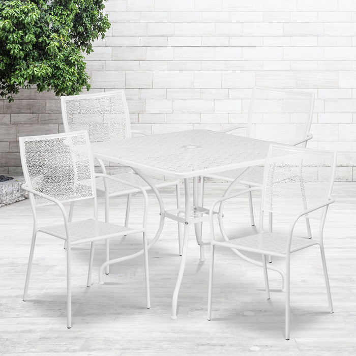 Commercial Grade 35.5" Square Metal Garden Patio Table Set, 4 Square Back Chairs