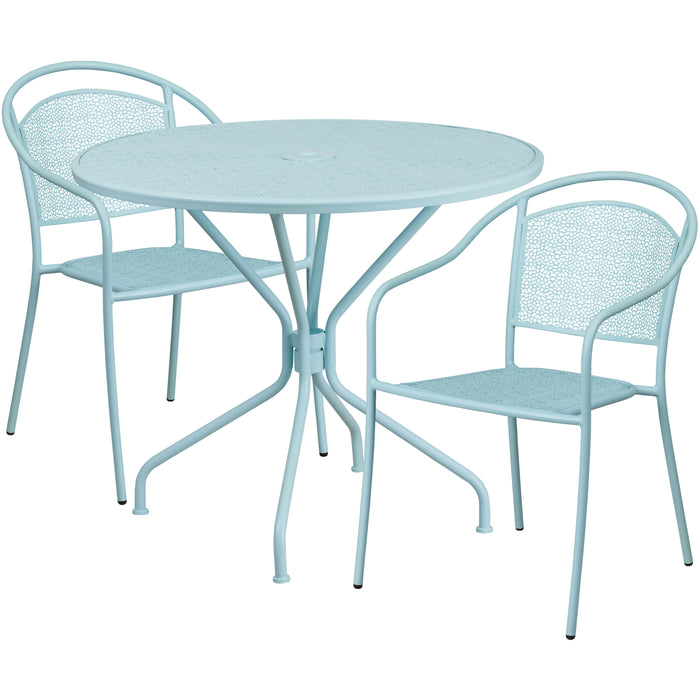 Commercial 35.25" Round Metal Garden Patio Table Set w/ 2 Round Back Chairs