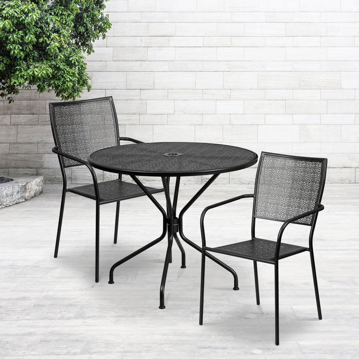Commercial Grade 35.25" Round Metal Garden Patio Table Set, 2 Square Back Chairs