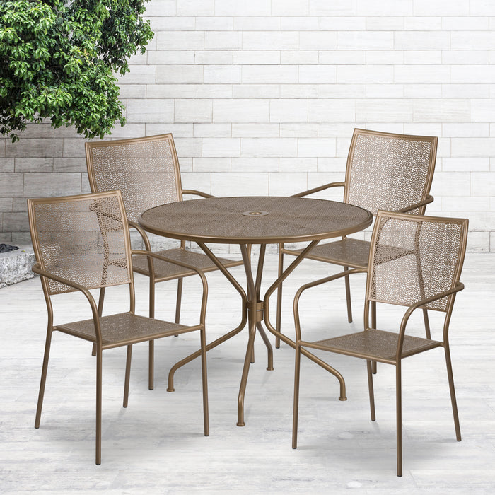 Commercial Grade 35.25" Round Metal Garden Patio Table Set, 4 Square Back Chairs