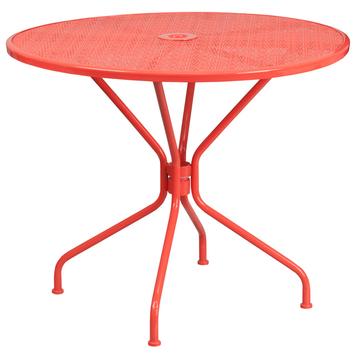 Commercial Grade 35.25" Round Colorful Metal Garden Patio Table with Umbrella Hole
