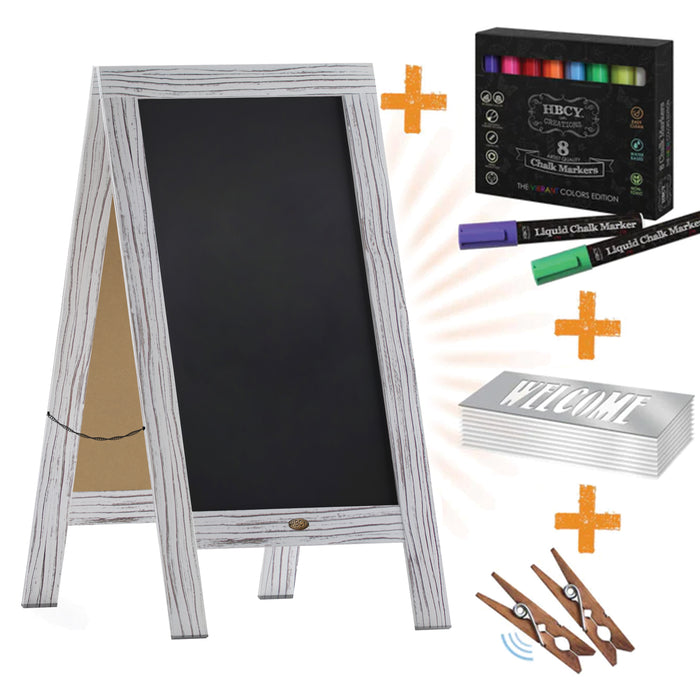 Burke Rustic Vintage Double-Sided Folding Magnetic Chalkboard with 8 Chalk Markers, 10 Chalkboard Stencils, Eraser and 2 Rustic Magnets