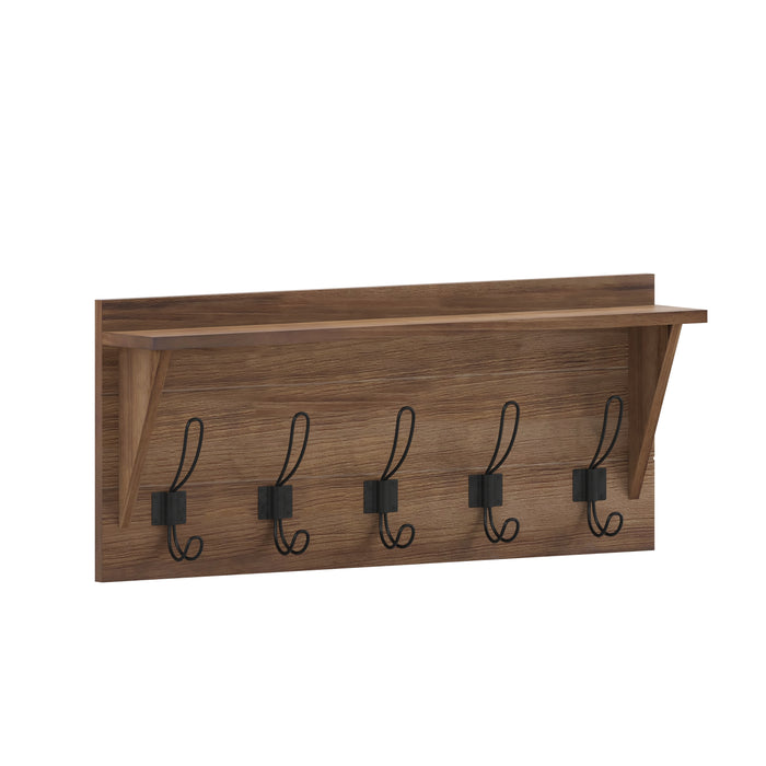 Alcott Rustic Country Wall Mounted Entryway Shelf with 5 Rustic Hooks and Wood Construction