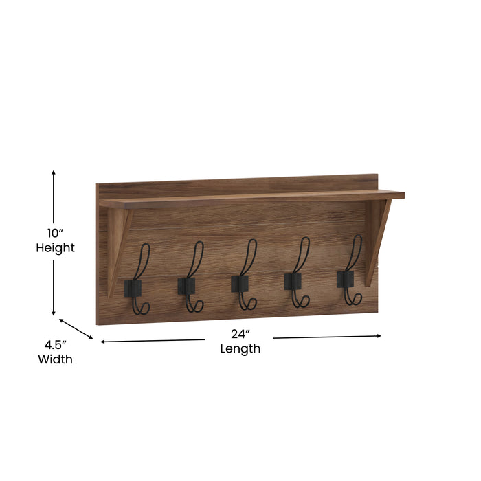 Alcott Rustic Country Wall Mounted Entryway Shelf with 5 Rustic Hooks and Wood Construction