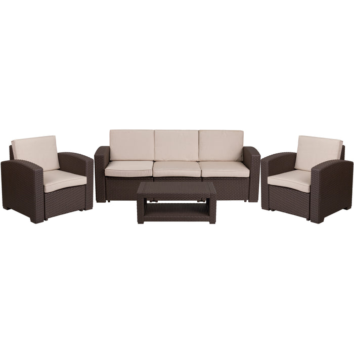 4 Piece Outdoor Faux Rattan Chair, Sofa and Table Set