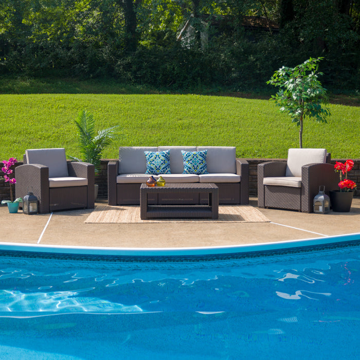 4 Piece Outdoor Faux Rattan Chair, Sofa and Table Set