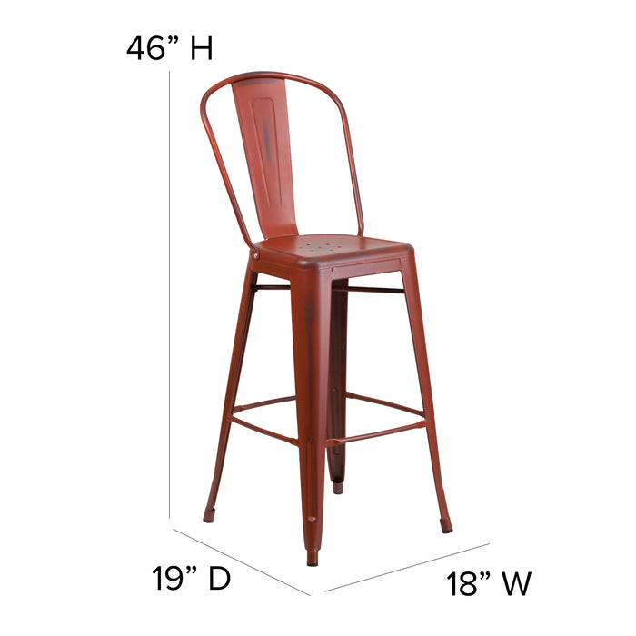 Commercial Grade 30"H Distressed Colorful Metal Indoor-Outdoor Barstool w/ Back