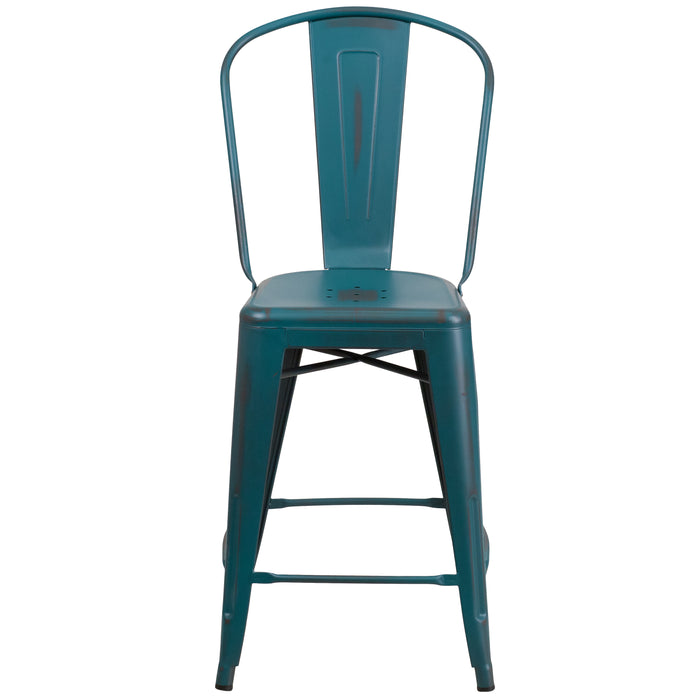 Commercial Grade 24"H Distressed Metal Indoor-Outdoor Counter Stool with Back