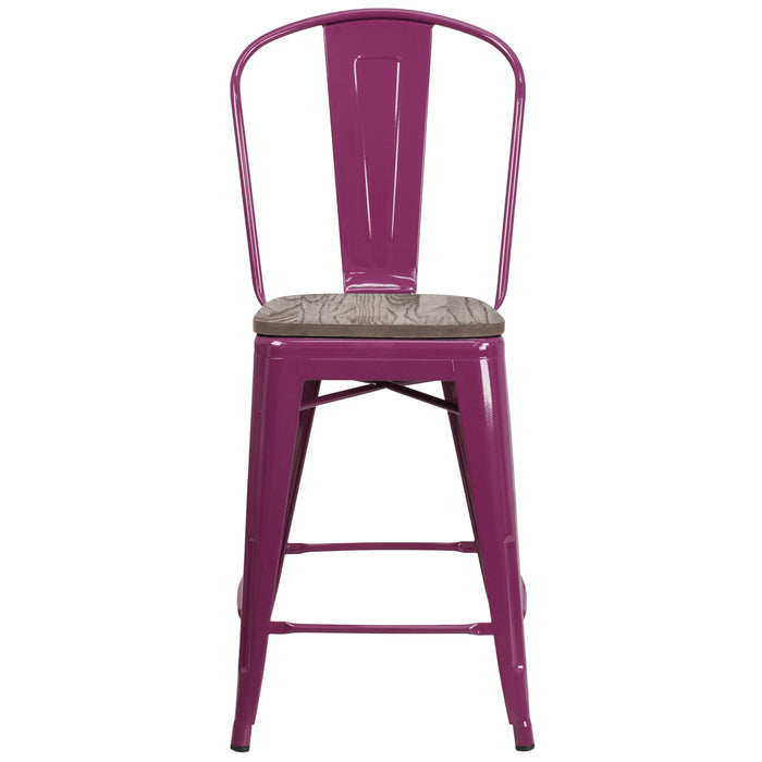 24"H Metal Counter Height Stool with Back and Wood Seat
