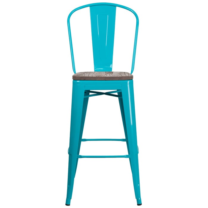 30"H Metal Dining Barstool with Back and Wood Seat