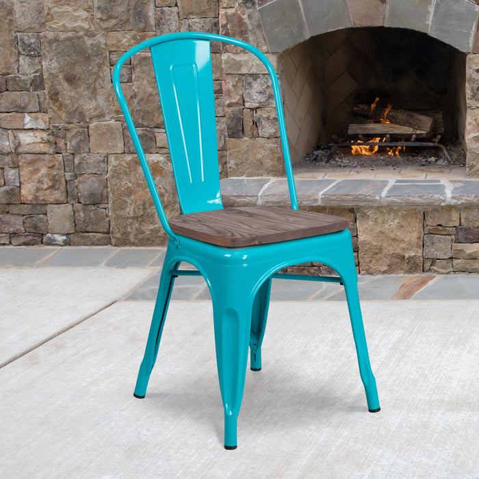 Colorful Metal Dining Stack Chair with Wood Seat