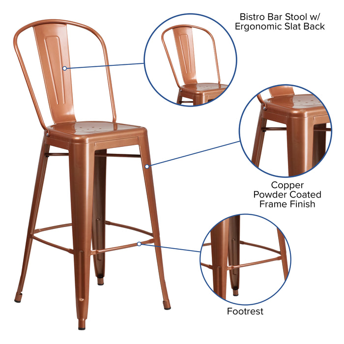 Commercial Grade 30"H Metal Indoor-Outdoor Barstool with Drain Holes and Back