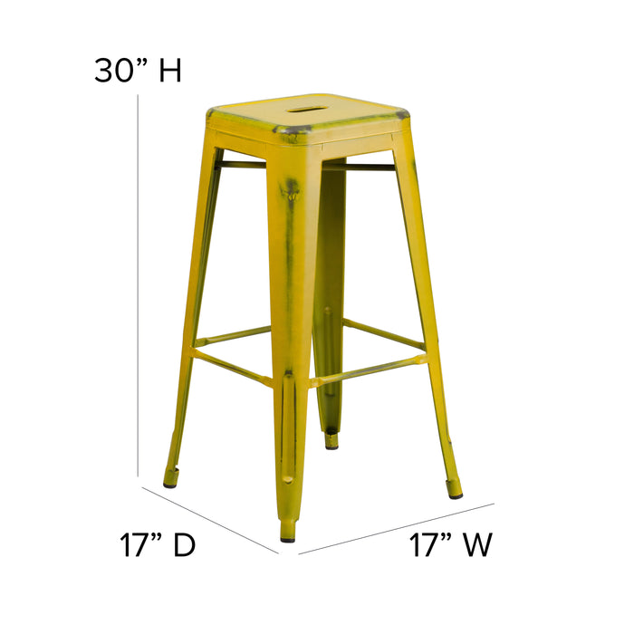 Commercial Grade 30"H Backless Distressed Colorful Metal Indoor-Outdoor Barstool