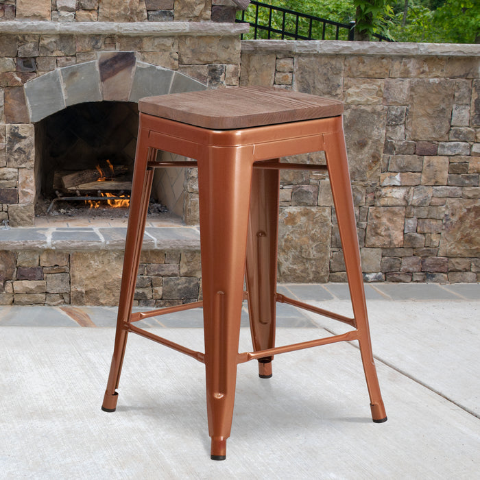 24"H Backless Counter Height Stool with Wood Seat