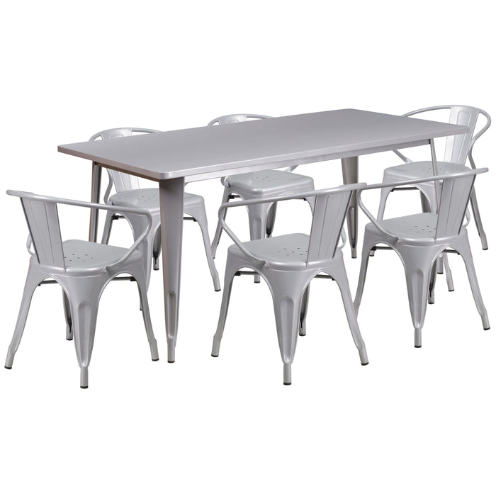 Commercial Grade Rectangular Metal Indoor-Outdoor Table Set with 6 Arm Chairs