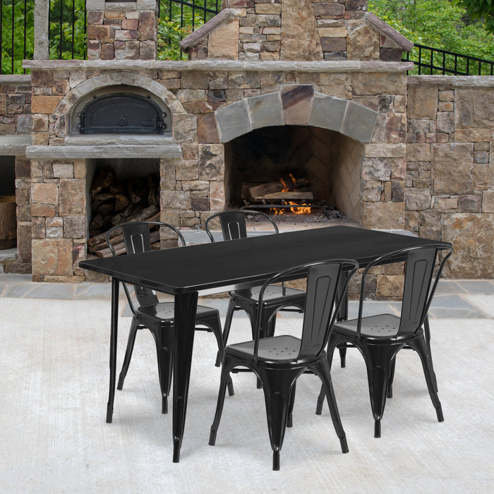 Commercial Grade Rectangular Metal Indoor-Outdoor Table Set with 4 Stack Chairs