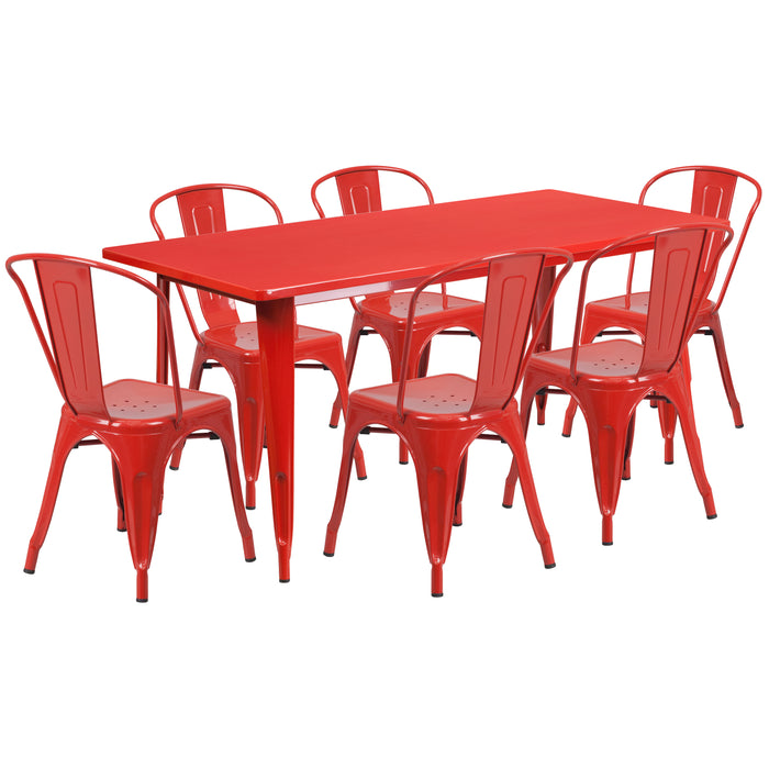 Commercial Grade Rectangular Metal Indoor-Outdoor Table Set with 6 Stack Chairs