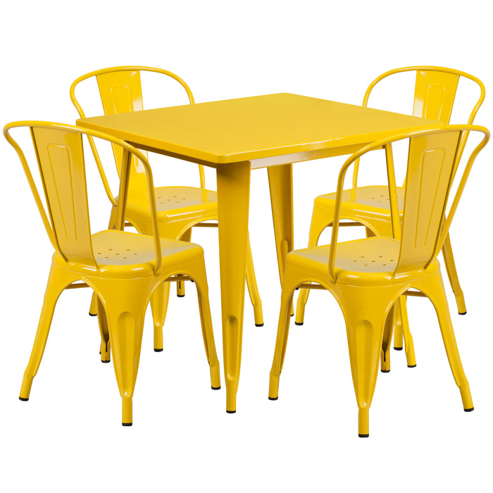 Commercial Grade 31.5" Square Metal Indoor-Outdoor Table Set with 4 Stack Chairs