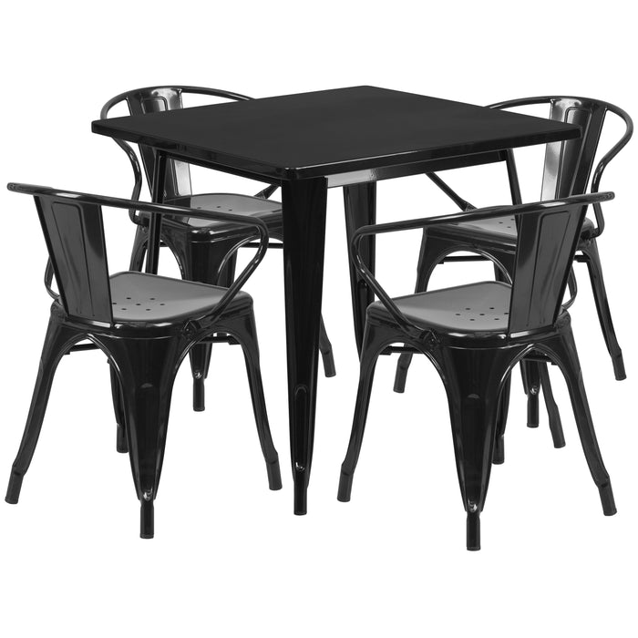 Commercial Grade 31.5" Square Metal Indoor-Outdoor Table Set with 4 Arm Chairs
