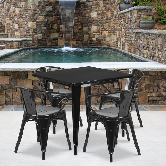 Commercial Grade 31.5" Square Metal Indoor-Outdoor Table Set with 4 Arm Chairs