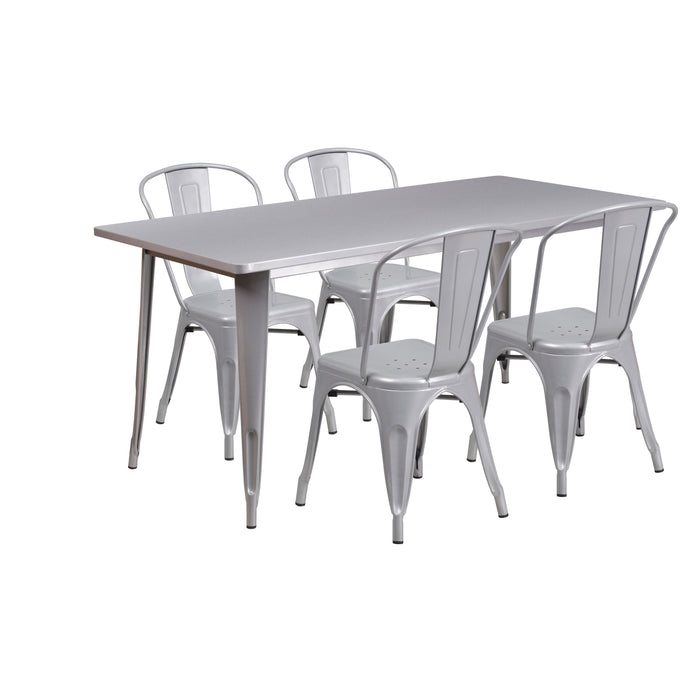 Commercial Grade Rectangular Metal Indoor-Outdoor Table Set with 4 Stack Chairs