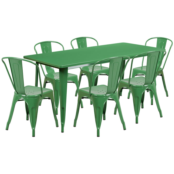 Commercial Grade Rectangular Metal Indoor-Outdoor Table Set with 6 Stack Chairs