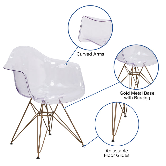 Transparent Side Chair with Arms and Gold Base
