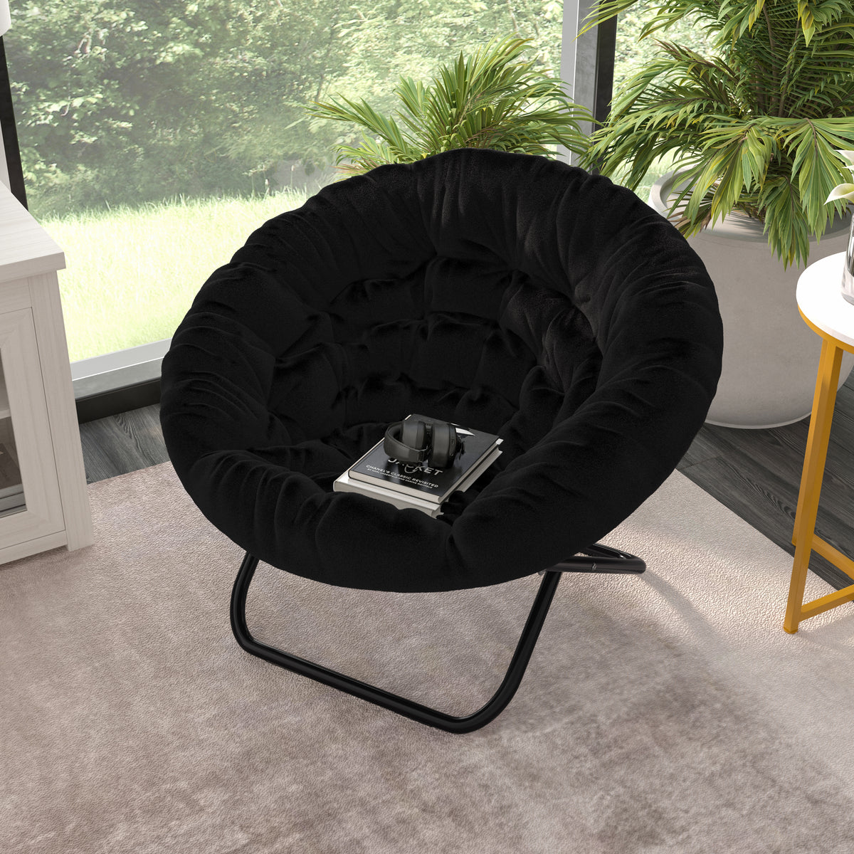 Ersa Oversize Folding Saucer Chair with Cozy Faux Fur Cushion