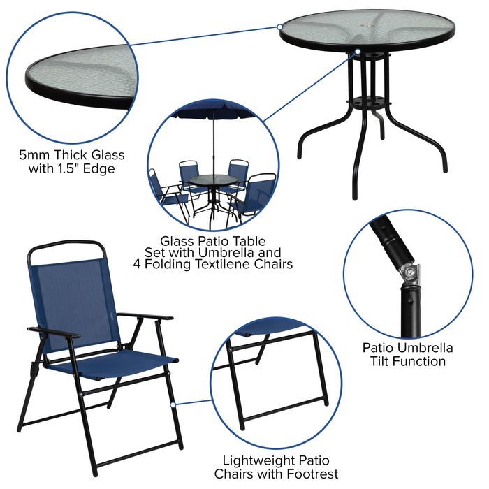 6 Piece Patio Garden Set with Table, Umbrella and 4 Folding Chairs