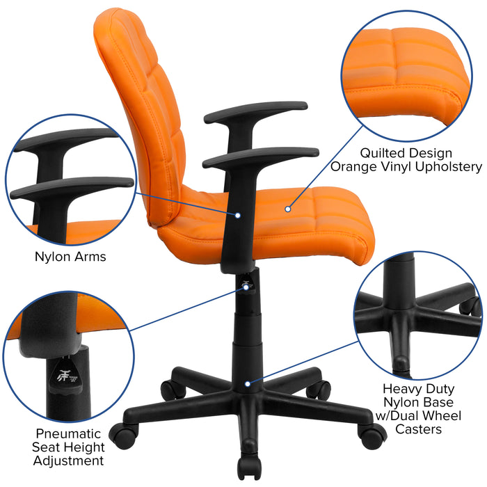 Mid-Back Quilted Vinyl Swivel Task Office Chair with Arms