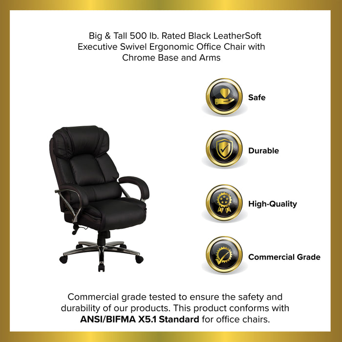 Big & Tall 500 lb. Rated Leather Executive Swivel Ergonomic Office Chair with Chrome Base and Arms