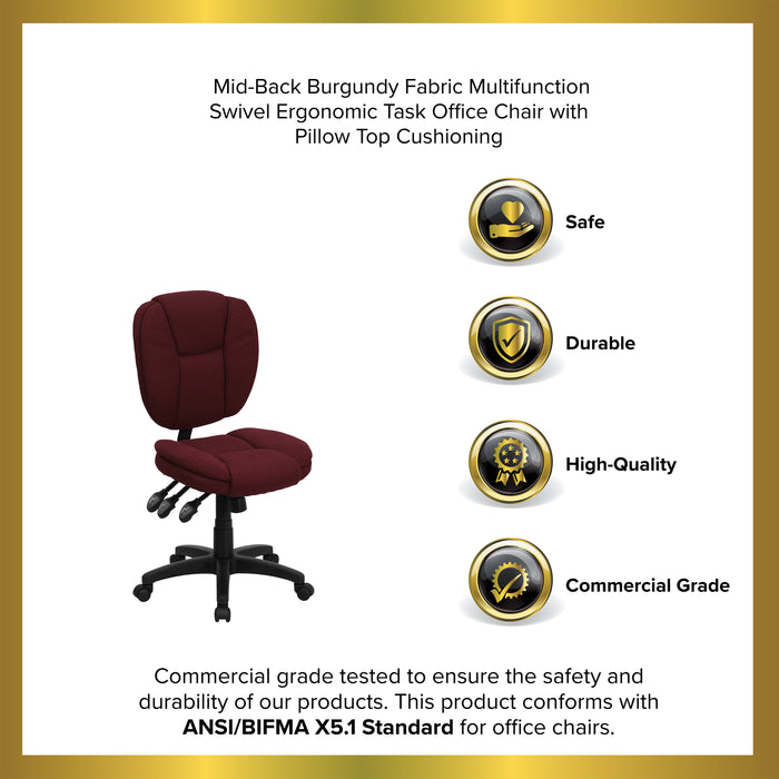 Mid-Back Multifunction Pillow Top Swivel Ergonomic Task Office Chair