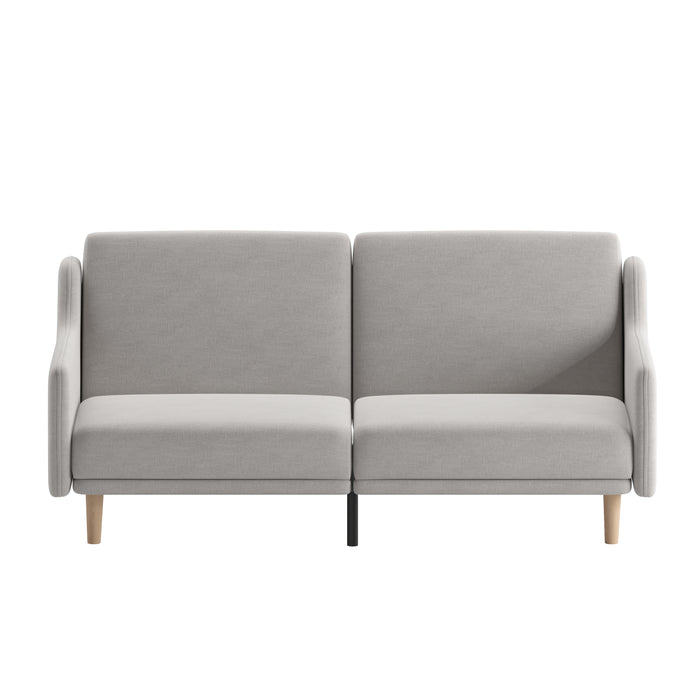 Dinah Plush Padded Upholstered Split Back Sofa Futon with Smooth Curved Removable Arms and Wooden Legs