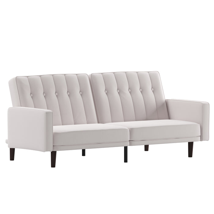 Caela Plush Padded Upholstered Split Back Sofa Futon with Vertical Channel Tufting and Wooden Legs